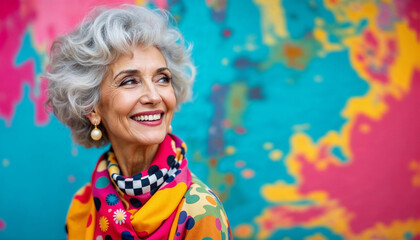 Fashionably dressed in bright clothes, gray-haired stylish grandmother smiling against bright background