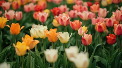 Multicolored Tulips Field, Soft Light, Spring Flowers