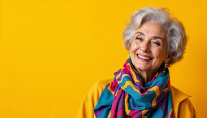 Fashionably dressed in bright clothes, gray-haired stylish grandmother smiling against bright background