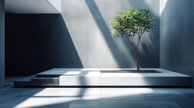 Minimalist indoor courtyard with a small tree.