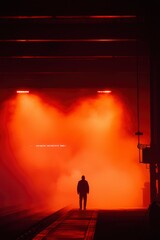 Fototapeta premium Silhouette Man Walking Through Red Lit Foggy Tunnel
