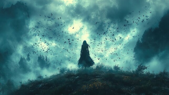Woman in cloak watches bats fly in dark, misty mountains at night