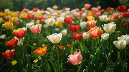 Fototapeta premium Multicolored Tulips Field In Sunlight