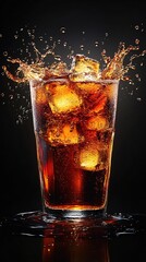 Refreshing cola drink with ice cubes splashing in glass against dark background studio shot