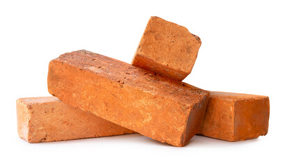 Four old red or orange bricks in stack isolated on white background with clipping path