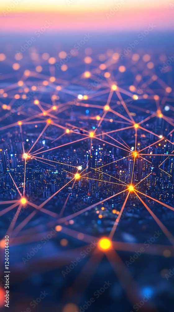 Poster abstract network connection over a city at dusk with glowing points and lines creating a web