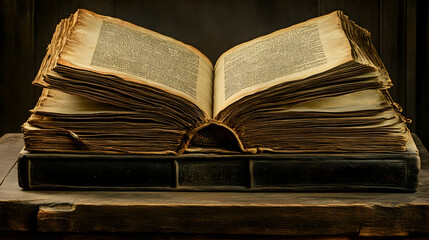 Obraz premium Antique Open Book on Wooden Table with Frayed Edges and Pages