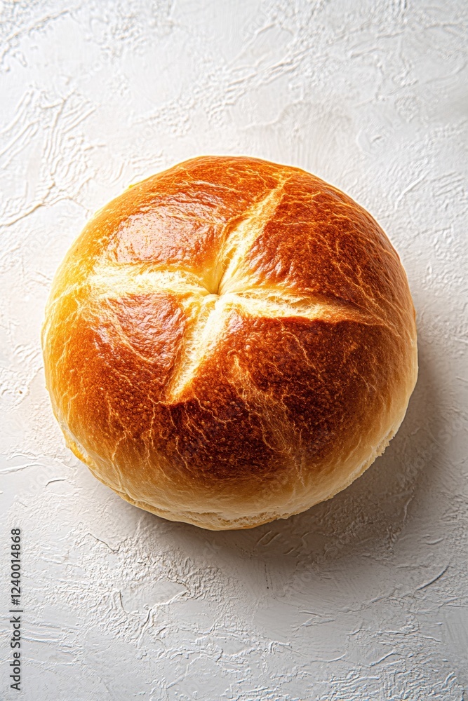 Poster golden brown baked bread roll with a cross pattern on a textured white surface minimal style