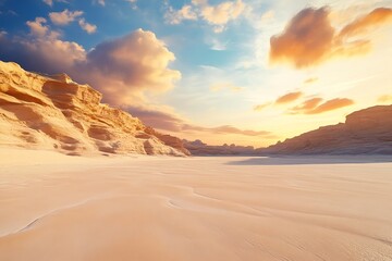 Naklejka premium Golden Desert Sunset: Sands meet sky in a breathtaking spectacle of nature's artistry.