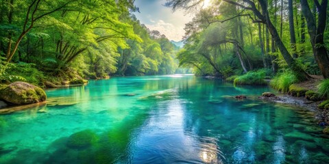 River flowing through a serene forest with a peaceful turquoise water
