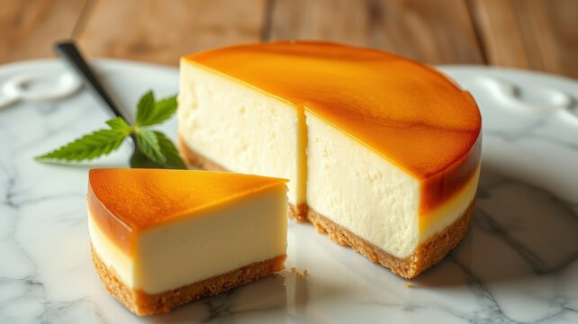 Cheesecake with caramel glaze served on a marble plate, highlighting a slice already cut
