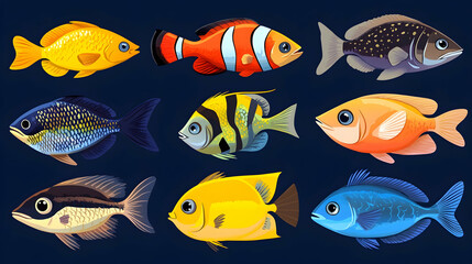 Colorful Collection of Cartoon Style Tropical Fish Illustration