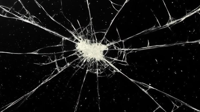 Cracked glass fracture effect on black background, Animation bullet through glass on background.
Abstract broken transparent glass texture. Cracked and Shattered black glass with slow motion. Alpha