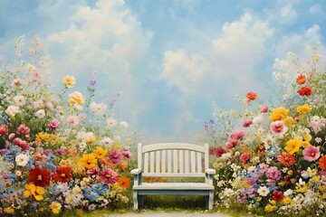 Serene Garden Bench Amidst Vibrant Blooms, Sunny Sky