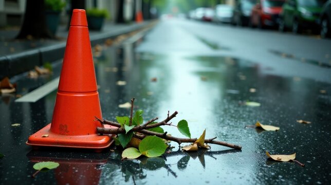 Autumnal Urban Scene A Wet Roadway with Fallen Branches Near a Safety Cone