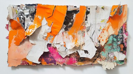 Fototapeta premium Mixed media abstract using torn paper, metallic foils, and vibrant splashes of orange paint