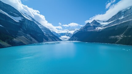 Fototapeta premium Blue Glacial Lake Surrounded By Snow Capped Mountains Under A Sunny Sky