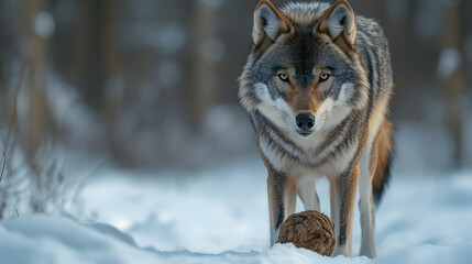 Naklejka premium Wolf Standing in Snowy Forest with Winter Landscape Background