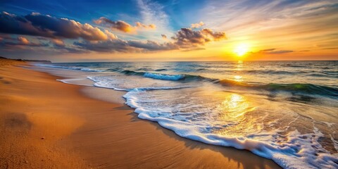 Serene Sandy Shoreline at Sunset, waves, ocean,  waves, ocean, sky reflection, landscape views