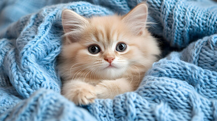 Fluffy Ginger Kitten Snuggled in Cozy Blue Knit Blanket