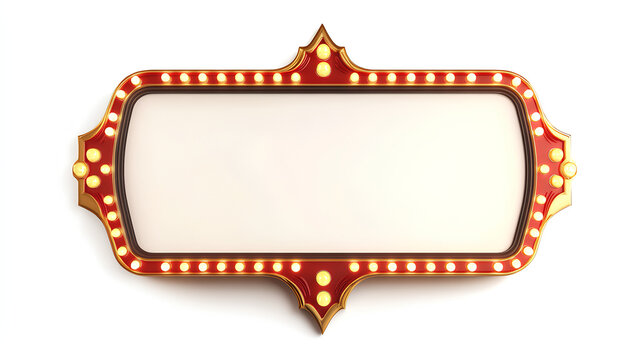 Retro marquee sign with lights, featuring a large blank space for custom messages, framed by a red and gold border. Isolated on white background
