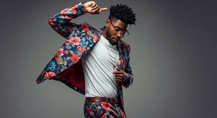 Fototapeta premium Stylish Man Dancing in Floral Suit for Fashion and Lifestyle Concepts