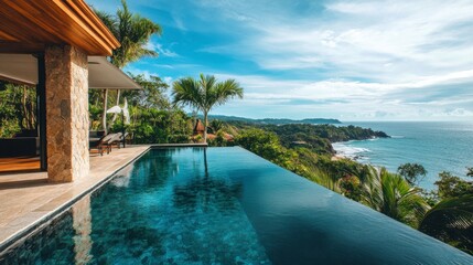 Fototapeta premium Modern luxury villa with infinity pool overlooking the ocean, surrounded by palm trees