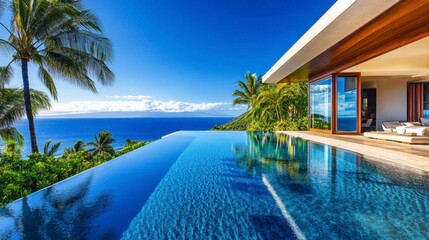 Fototapeta premium Modern luxury villa with infinity pool overlooking the ocean, surrounded by palm trees