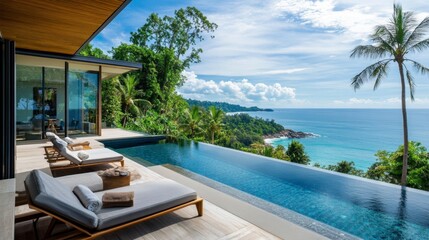 Fototapeta premium Modern luxury villa with infinity pool overlooking the ocean, surrounded by palm trees