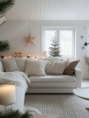 Fototapeta premium Cozy Winter Living Room Decorated For Christmas