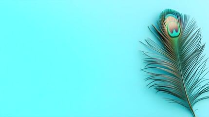 Obraz premium A single peacock feather, vibrant hues against a serene azure backdrop. Elegance defined.