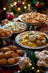 Assortment of holiday pastries and breads on plates.
