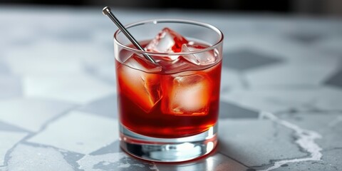 Refreshing cocktail served over ice in a stylish glass on a modern bar countertop