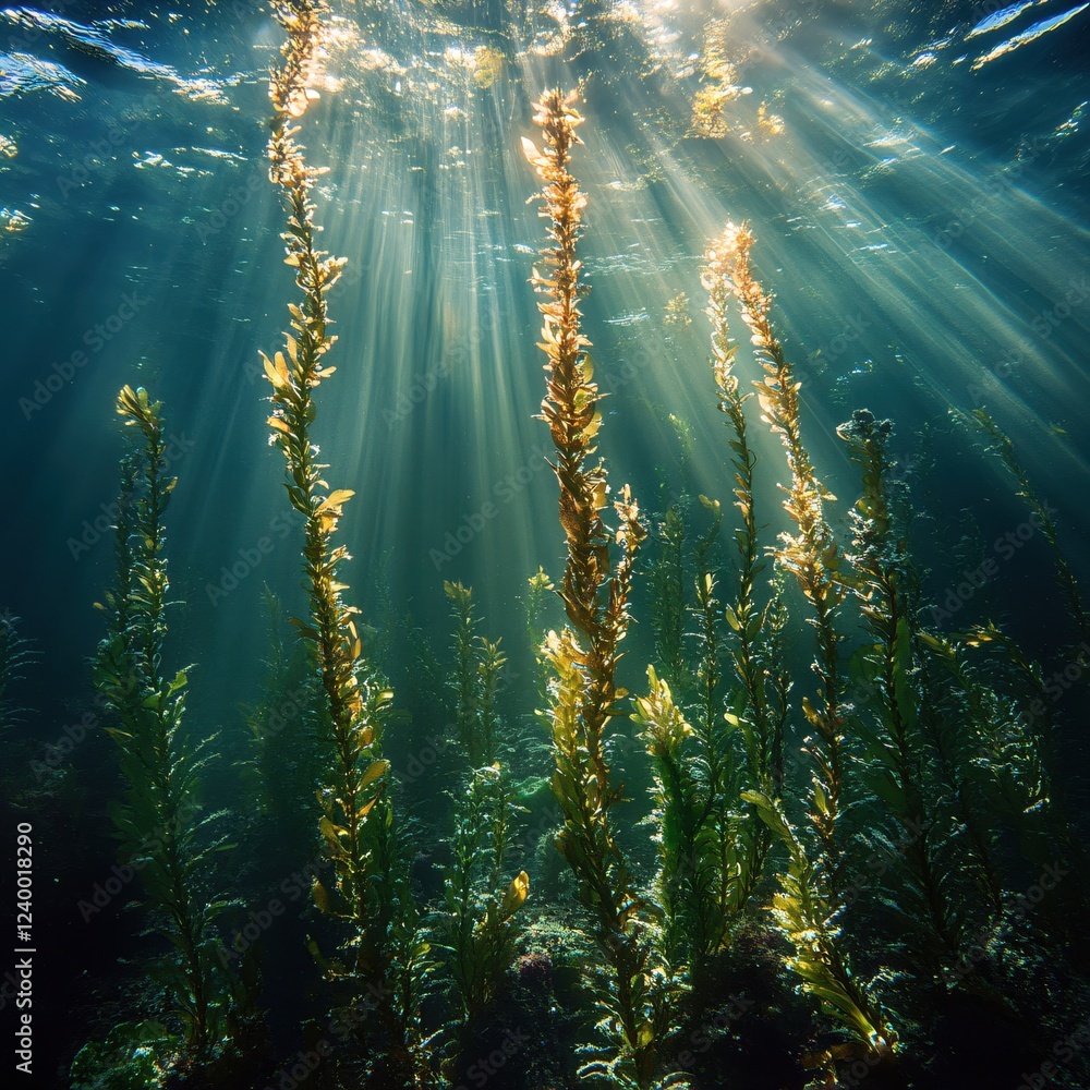 Poster sunbeams filtering through kelp forest creating a serene and magical underwater scene