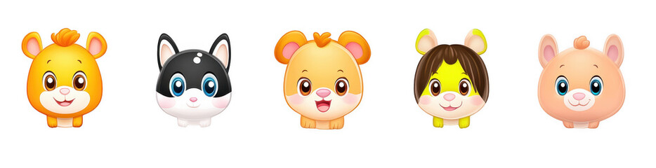 Naklejka premium Cute animal cartoon characters with cheerful expressions transparency background. These adorable designs feature lion, cat, bear, tiger, and pig, perfect for children illustrations or playful