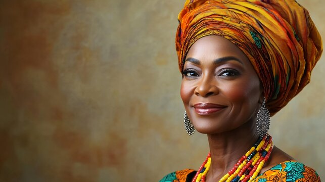 A joyful portrait of an elegant African woman, perfect for Black History Month promotions, cultural events, or lifestyle articles emphasizing beauty and diversity.