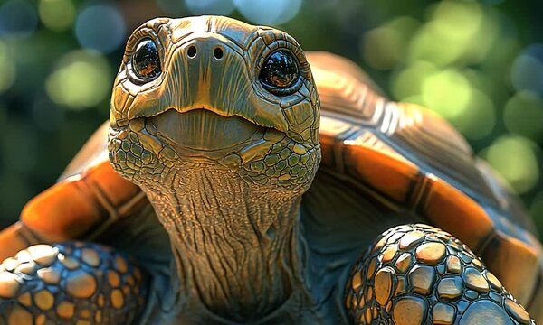 Close-up of a vibrant tortoise basking in sunlight amidst lush greenery, showcasing its detailed shell
