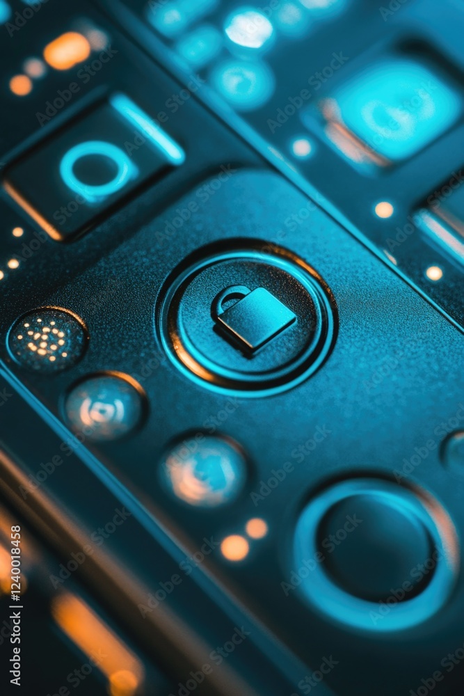 Poster a close up of a keyboard with a lock symbol on it. the lock symbol is surrounded by other buttons an