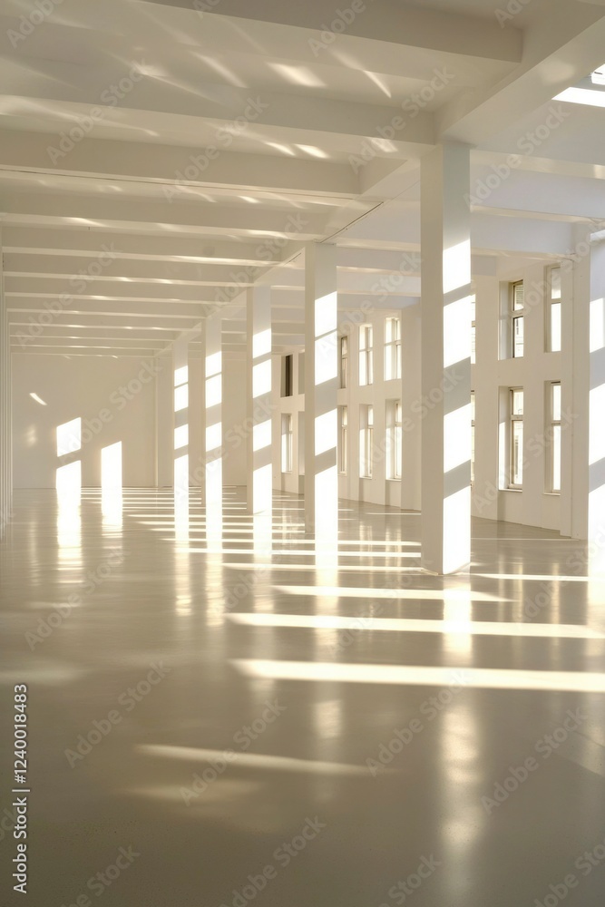 Poster sunlit modern architecture interior with columns and windows