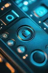 Fototapeta premium A close up of a keyboard with a lock symbol on it. The lock symbol is surrounded by other buttons and keys, giving the impression of a device with a lot of functions