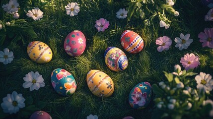 A collection of vividly colored Easter eggs placed on a carpet of flowers, conveying the joy and festive spirit associated with the holiday.