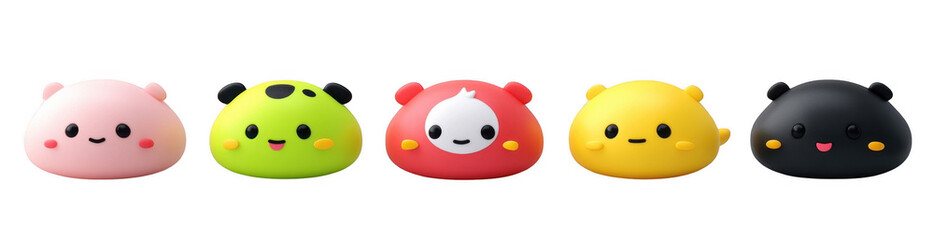 Cute cartoon animal characters in various colors on transparency background, featuring pink pig, green cow, red bear, yellow chick, and black creature, all with cheerful expressions