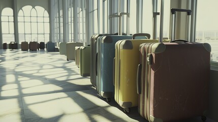 Suitcases in an airport lounge, natural light enhancing textures, symbolizing travel and adventure.