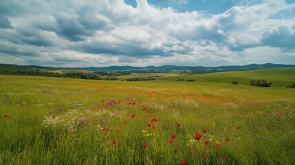 Colorful Wildflower Meadow Under Partly Cloudy Sky