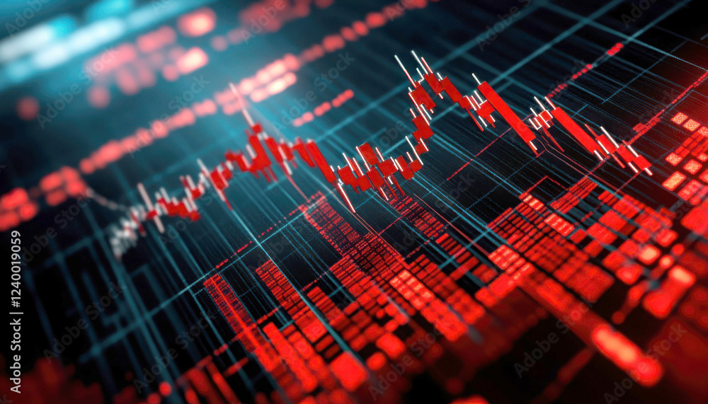 Poster dynamic stock market analysis with red and green data visuals.