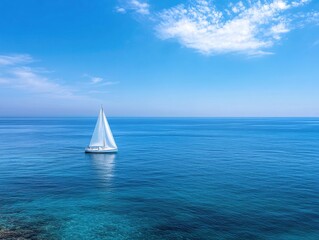 Obraz premium White sailboat gliding on calm blue sea under a bright sky with soft clouds on a sunny day