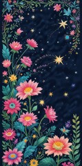 Night Blooms A Celestial Floral Tapestry of Vibrant Pink Flowers and Twinkling Stars on a Dark Background