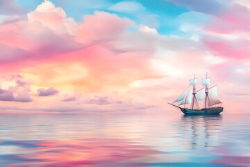 Pastel Sunset, Calm Sea, Lone Sailboat: A Dreamy Escape.