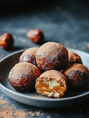 Dessert with chocolate and dates rolled together and fried, on a plate.