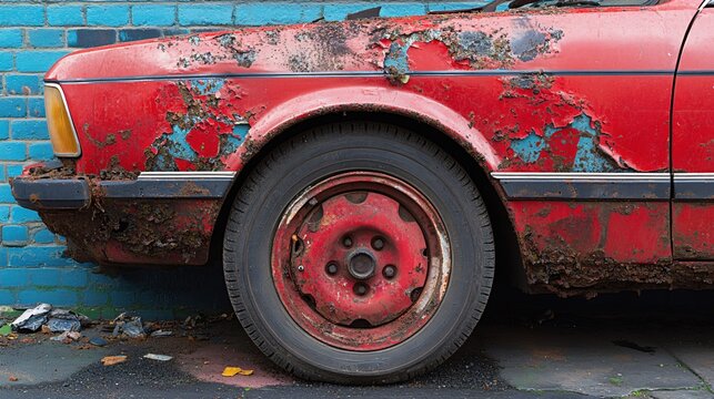 Worn red car with peeling paint and rust parked against a blue brick wall showing decay